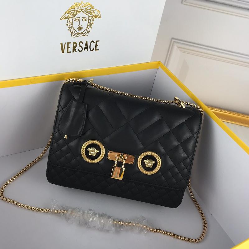 Versace Chain Handbags DBFG478 Full leather black gold buckle